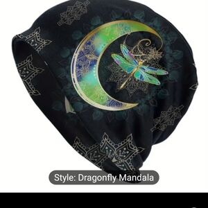 Soft black beanie with gorgeous turquoise dragonfly print.  New!